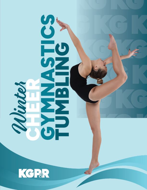 A girl kicking her leg behind her with the words gymnastics, cheer, and tumbling.