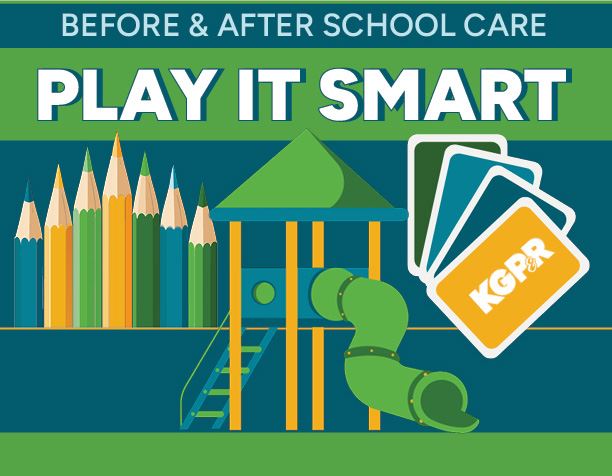 A graphic of color pencils, a play structure, and playing cards with the KGPR logo.