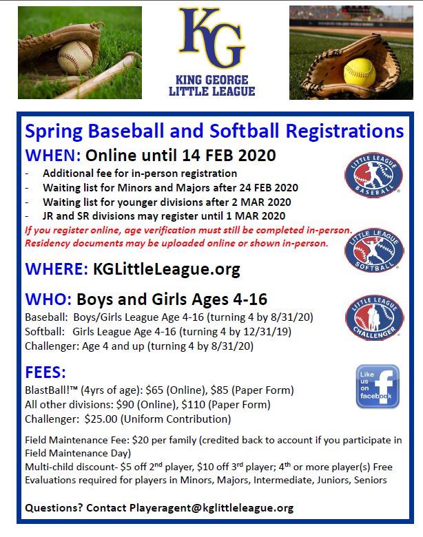2020 Spring KGLL Baseball and Softball Flyer